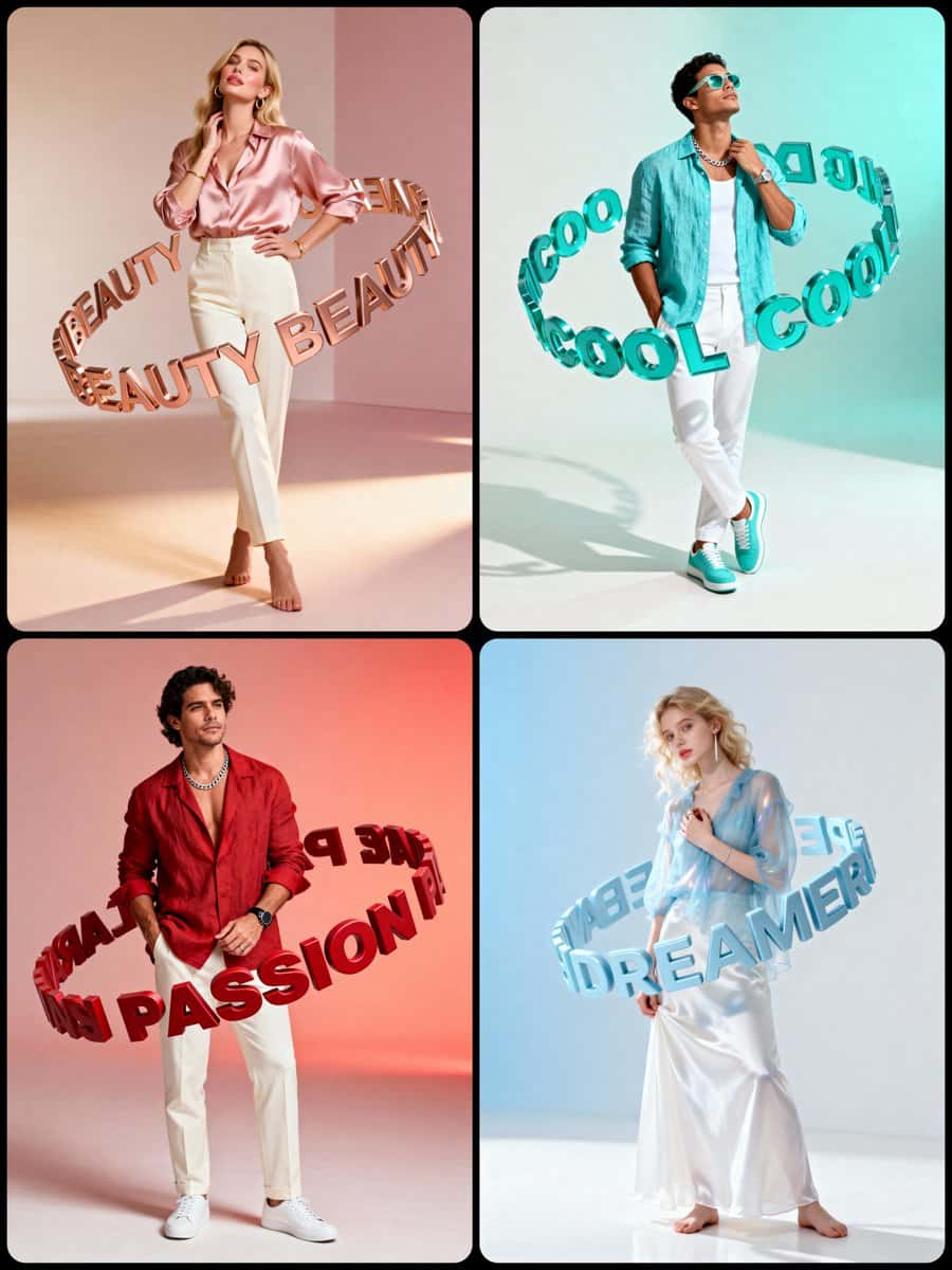 Seedream 5.0 AI 生成的时尚大片,模特周围漂浮 3D 字体环